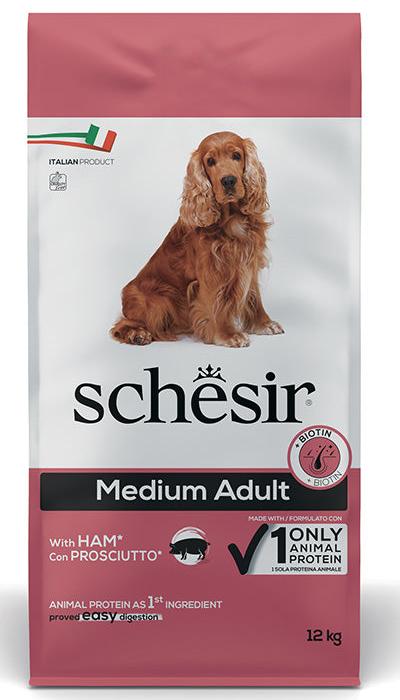 Schesir Dog Medium Adult With Ham ШИНКА монопротеїновий сухий корм для собак середніх порід 12 кг (54469)